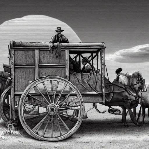 Prompt: a monochromatic sepia photograph of a delorean time machine traveling with covered wagons and pioneers on the oregon trail, trending on art station,