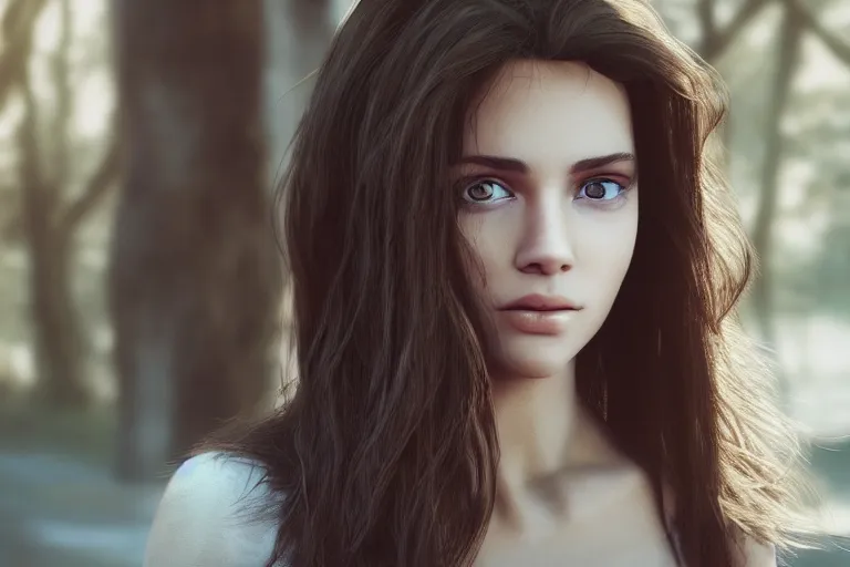 Prompt: hyperrealistic portrait of stunningly beautiful brunette girl in a morning light, trending on artstation,ultrawide angle, f8, polarizer , unreal engine