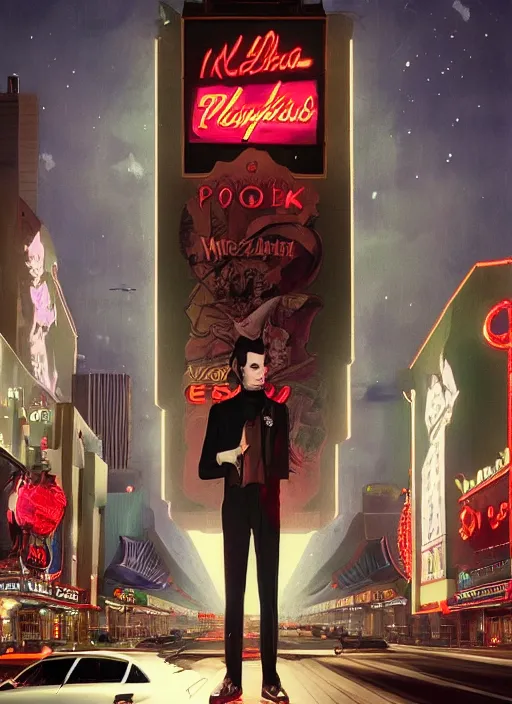 Prompt: 35mm kodak portra portrait a vampire on the Las Vegas strip at night by tomer hanuka and tom bagshaw, handsome face, hyper realism, high detail, octane render, 8k, trending on artstation, CGsociety, concept art