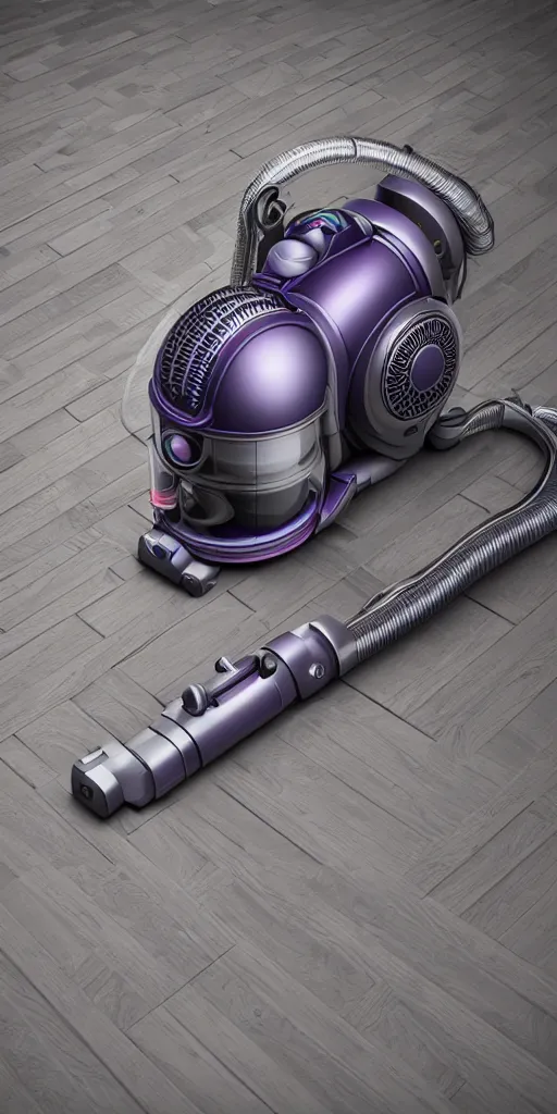 Image similar to insanely detailed product rendering of a vintage dyson vacuum cleaner, corrugated hose, chrome body, in the colors of Audrey kawasaki and style of jeff koons, unreal engine 5, nanite, quixel mixer, trending on behance, corporate 3d