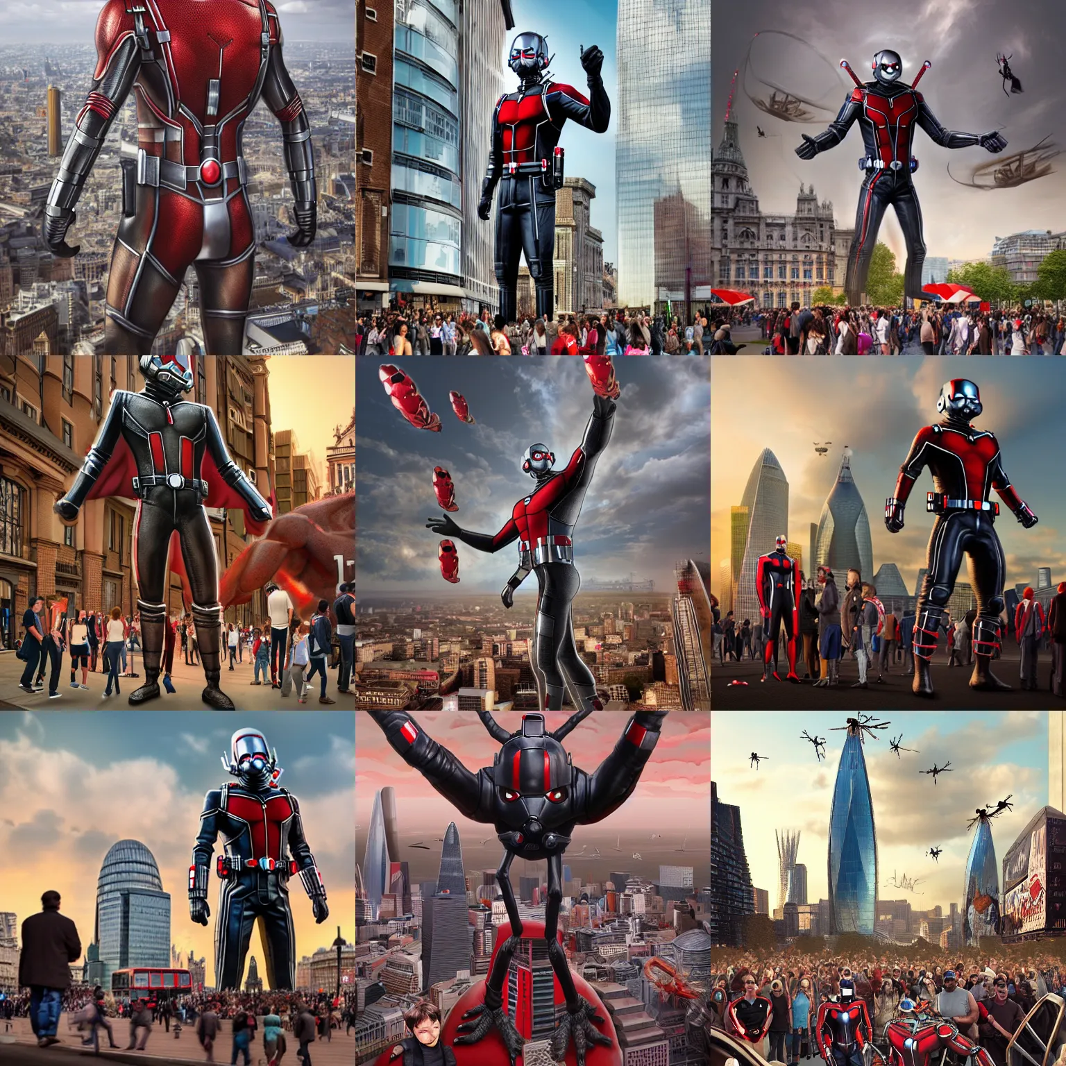 Prompt: Giant Ant-Man stands next to London, surrounded by people, digital art, trending on ArtStation, Gulliver's Travels