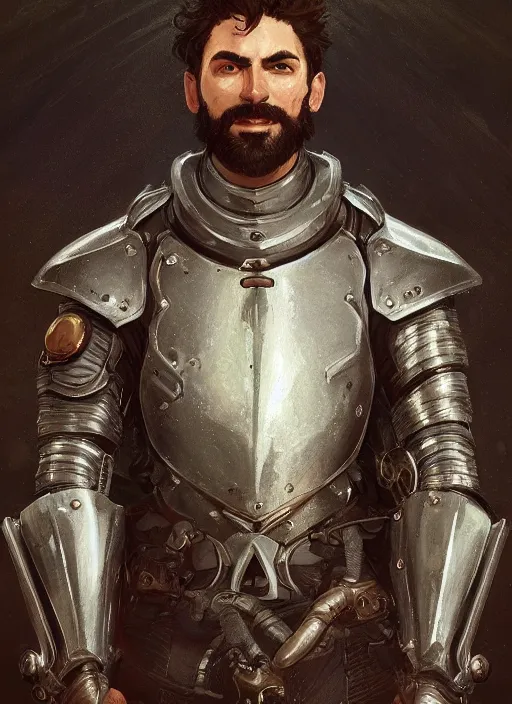 Image similar to medium-length portrait of a male paladin with short curly hair and a dark beard, dark brown skin, happy expression, wears a suit of power armor, medieval setting, highly detailed, digital painting, artstation, concept art, sharp focus, illustration, art by greg rutkowski and alphonse mucha