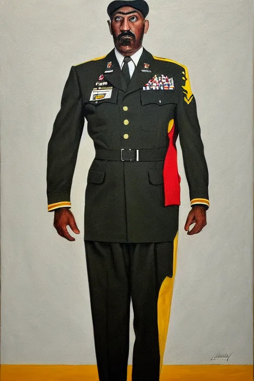 Image similar to full body portrait of the dictator of the los angeles lakers, 1 9 5 5, in full military garb, oil on canvas by william sidney mount, trending on artstation