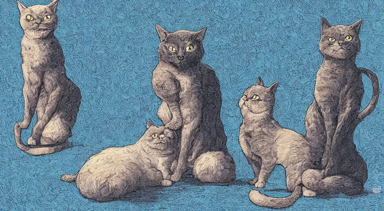 Prompt: A cat is smiling, next to the cat there are 3 bottles of cat medicine, an illustration by Dan Mumford and Wayne Barlowe, artstation, beautiful blue dark background,