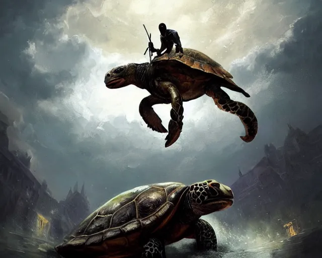 Image similar to kobe bryant riding on a turtle in heaven, fantasy art, in the style of greg rutkowski, illustration, epic art, fantasy, intricate, elgant, amazing detail, digital painting, artstation, concept art, smooth, sharp focus