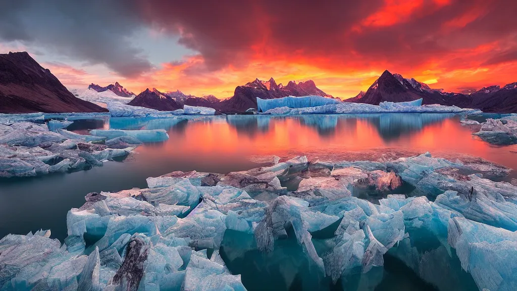 Image similar to amazing landscape photo of a glacier with lake in sunset by marc adamus, beautiful dramatic lighting