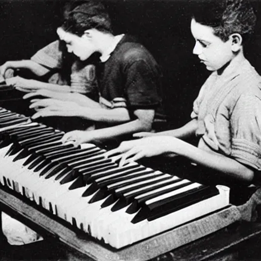 Image similar to penguins building a yamaha keyboard, 1930