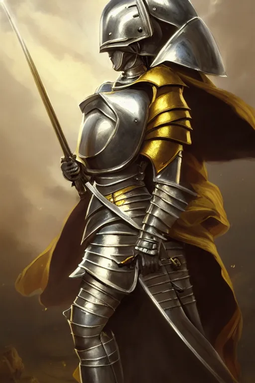 Image similar to baroque oil painting of anime key visual concept art of female knight wearing silver armor with gold trims, holding up a war banner of a great empire, battlefield, trending on artstation, brush strokes, oil on canvas, style of kawacy and makoto shinkai and greg rutkowski and studio ghibli