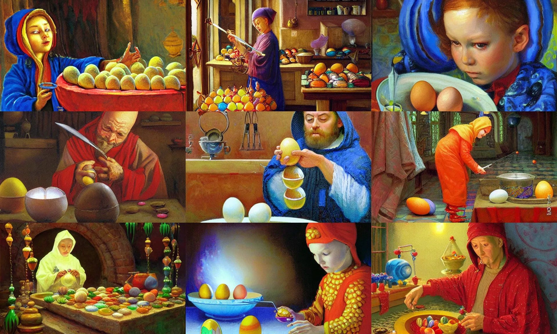 Prompt: Pensive Wizard examines eggs with calipers, by Victor Nizovtsev