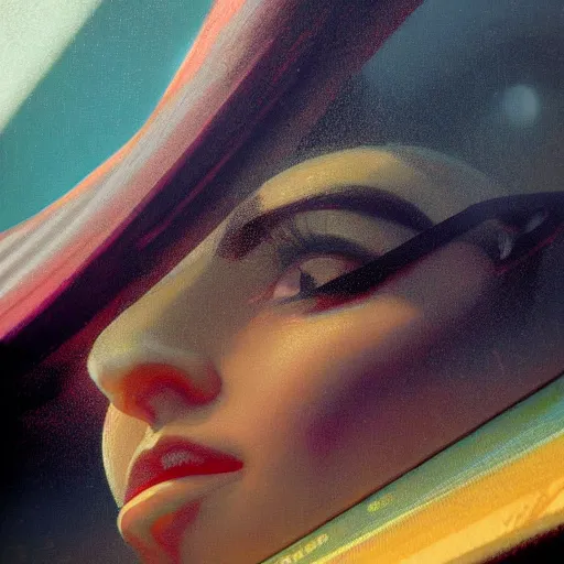 Image similar to detailed face of a woman, clockwork, moment, tectonic sky, skydome, bullet train, turbines, utopian, tech noir, wet reflections, prism, atmospheric, ambient, pj crook, syd mead, livia prima, greg rutkowski, edward hopper