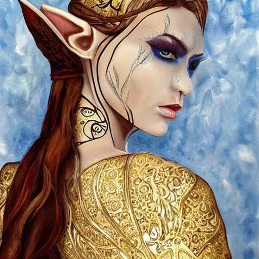 Prompt: perfect painting of an elven woman dressed in white and gold