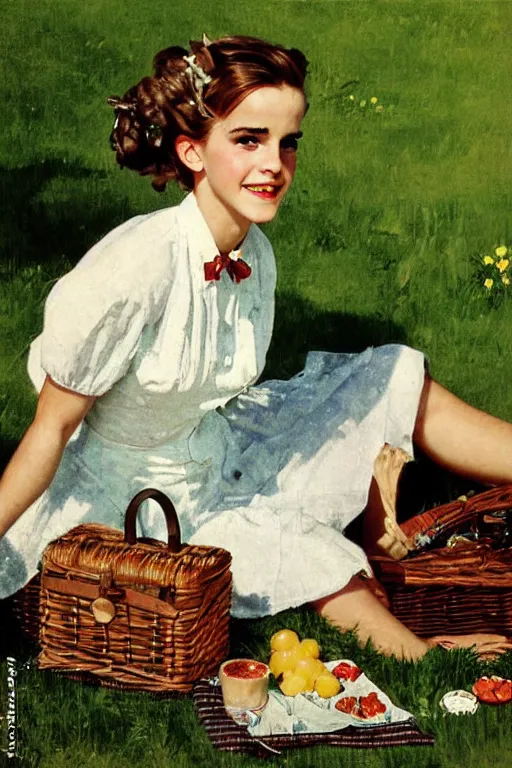 Image similar to photo photorealistic portrait photograph Emma Watson picnic in the green lawn 1950s portrait by Norman Rockwell