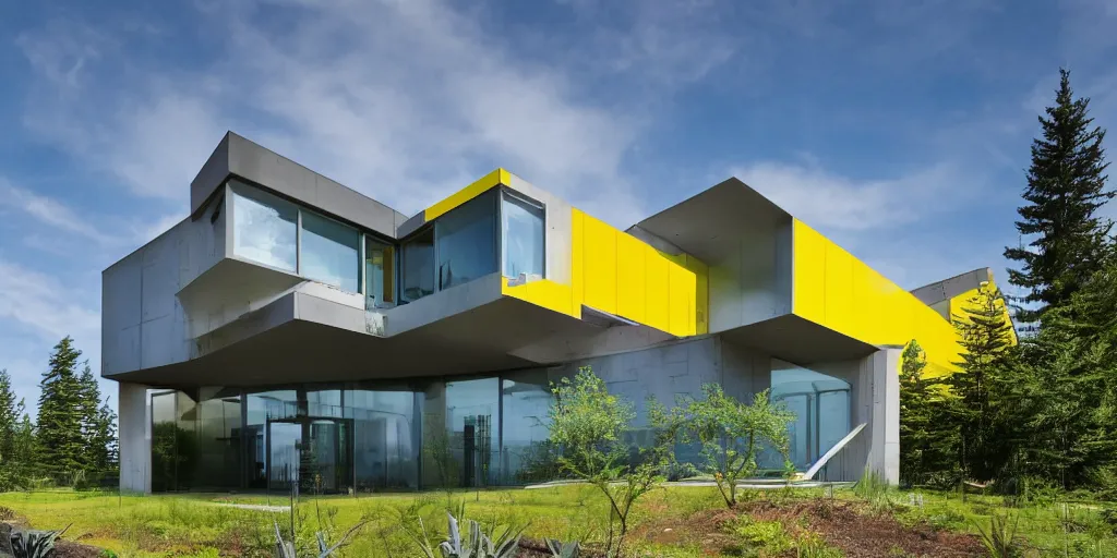 Prompt: large futuristic residence, yellow and blue metal, gray concrete, many large green windows, pacific northwest, triangular and rectangular elements