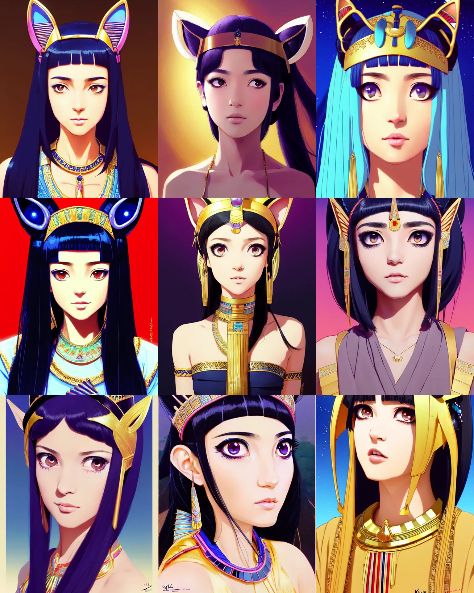 Prompt: Ssunbiki as a beautiful young Egyptial queen with cat ears || cute-fine-face, pretty face, realistic shaded Perfect face, fine details. Anime. realistic shaded lighting poster by Ilya Kuvshinov katsuhiro otomo ghost-in-the-shell, magali villeneuve, artgerm, Jeremy Lipkin and Michael Garmash and Rob Rey