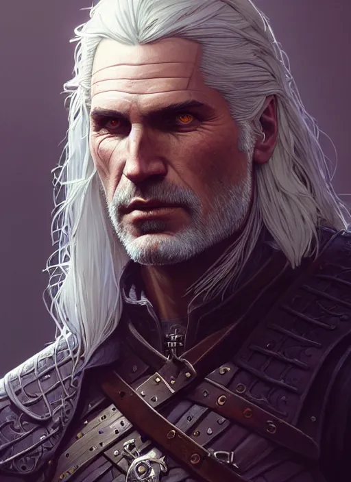 Image similar to Highly detailed portrait of Geralt of Rivia, Stephen Bliss, unreal engine, fantasy art by Greg Rutkowski, Loish, Rhads, ferdinand knab, Makoto Shinkai and Lois van baarle, ilya kuvshinov, rossdraws, Tom Bagshaw, alphonse mucha, global illumination, radiant light, detailed and intricate environment