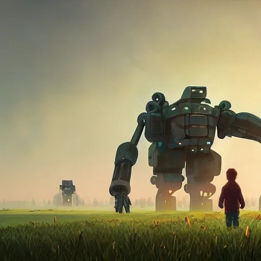 Image similar to giant mech stands over hay field by simon stalenhag, atmospheric haze, children below look up, misty evening, sci fi digital painting, unreal engine 5, photorealism, hd quality, 8 k resolution, cinema 4 d, 3 d, cinematic, professional photography, art by artgerm and greg rutkowski and alphonse mucha and loish and wlop