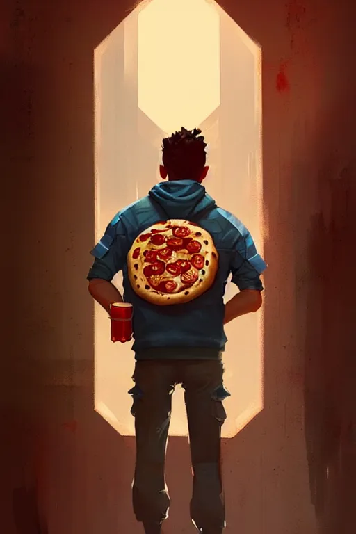 Image similar to greg rutkowski travel poster science fiction pizza delivery boy