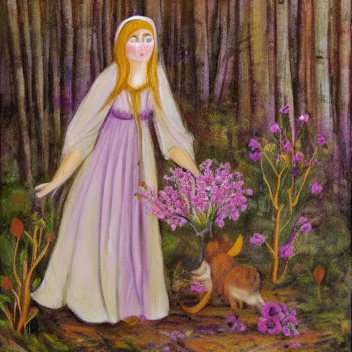 Prompt: random, intuitive by leticia gillett, by jozsef rippl - ronai light violet. a experimental art of a vasilisa standing in the forest, surrounded by animals. she is holding a basket of flowers in one hand & a spindle in the other. gentle expression. in the background, the forest is dark & mysterious.