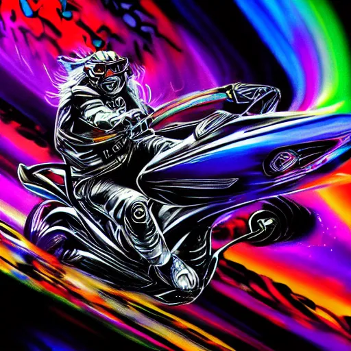 Image similar to psychedelic blacklight airbrush artwork, motorcycle, hyper stylized action shot of an orc biker riding a motorcycle, clear focused details, soft airbrushed artwork, black background, cgsociety, artstation