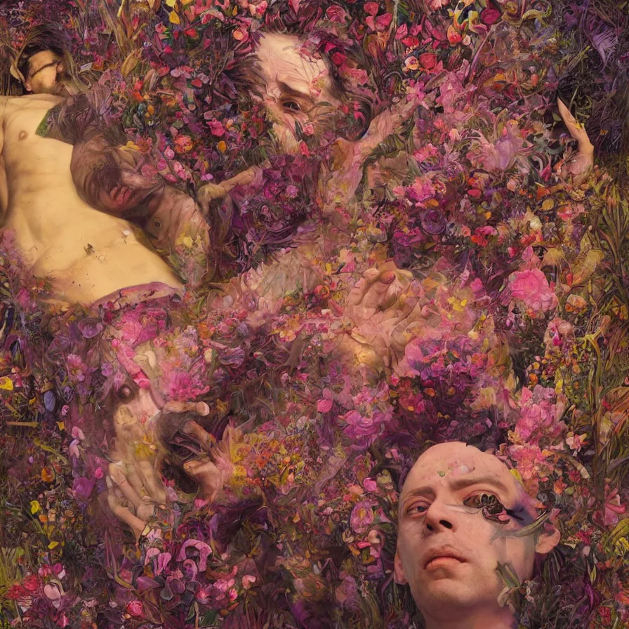 Image similar to male portrait of todd solondz tripping on dmt and becoming god, surrounded by flowers by francis bacon, karol bak, james jean, tom bagshaw, rococo, trending on artstation, cinematic lighting, hyper realism, dramatic, emotional, octane render, 8 k, hyper detailed.