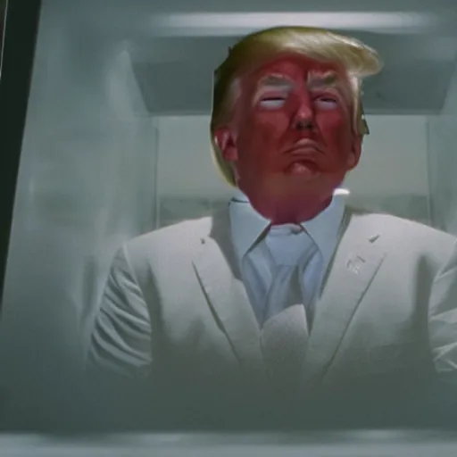 Prompt: donald trump on his knees with his head inside of an oven, still, 8k, ultra real, from the movie american psycho