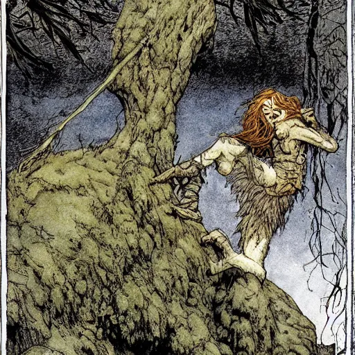 Prompt: a troll on a rock in a forest, dramatic lighting, fluid, smooth, bright, colours, high contrast, sharpness, very detailed, intricate, by richard corben and moebius and briand froud and arthur rackham and john bauer