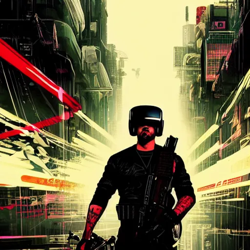 Prompt: Illustrated by Shepard Fairey and H.R. Geiger | Cyberpunk Rambo with VR helmet, surrounded by cables