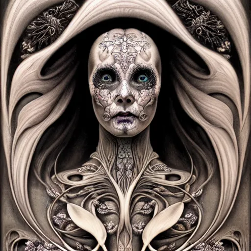 Image similar to detailed realistic porcelain beautiful calaveras death goddess face portrait by jean delville, gustave dore, iris van herpen and marco mazzoni, art forms of nature by ernst haeckel, art nouveau, symbolist, visionary, gothic, neo - gothic, pre - raphaelite, fractal lace, intricate alien botanical biodiversity, surreality, hyperdetailed ultrasharp octane render