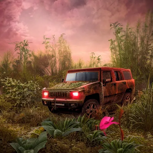 Prompt: still life of abandoned hummer wreck overgrown with plants, dramatic red sky, by hieronymus bosch, wide shot, soft glow bloom lucid dream - like ethereal atmosphere, baroque portrait painting, perfect composition, beautiful intricate detailed octane render trending on artstation, 8 k artistic photography, volumetric cinematic perfect light, chiaroscuro, masterpiece, raphael, caravaggio,