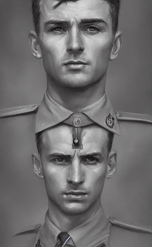 Prompt: Portrait of a WWII RAF officer, male, detailed face, 20th century, highly detailed, cinematic lighting, digital art painting by greg rutkowski
