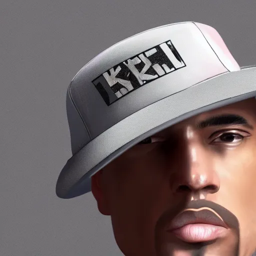 Image similar to a man wearing a yeezy style hat from the year 2 0 4 0, front view, 8 k