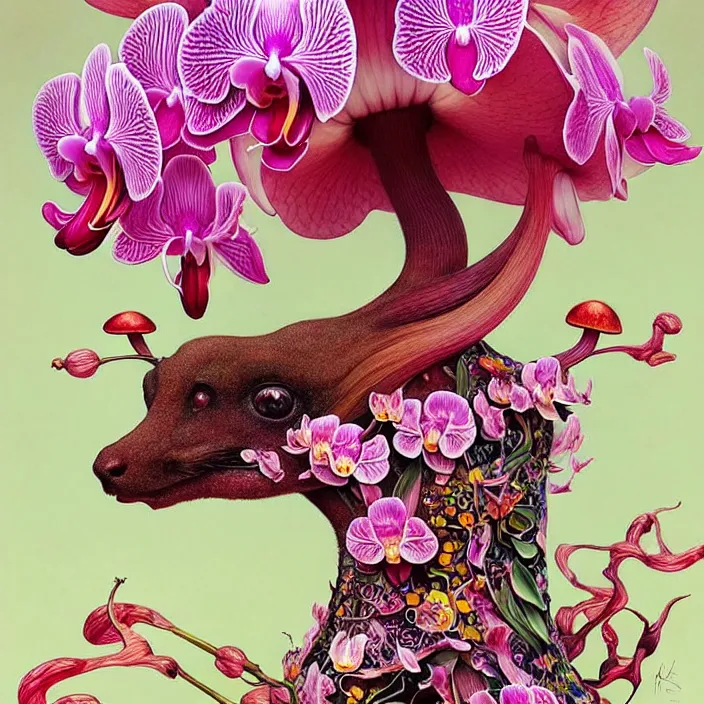 Prompt: psychedelic animal made of orchid and cherry blossom tree and mushroom, LSD, diffuse lighting, fantasy, intricate, elegant, highly detailed, lifelike, photorealistic, digital painting, artstation, illustration, concept art, smooth, sharp focus, art by John Collier and Albert Aublet and Krenz Cushart and Artem Demura and Alphonse Mucha