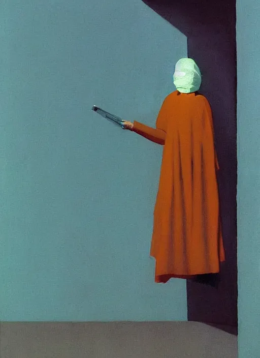 Image similar to woman in paper bag over the head flooded oxygen tank Edward Hopper and James Gilleard, Zdzislaw Beksinski, highly detailed