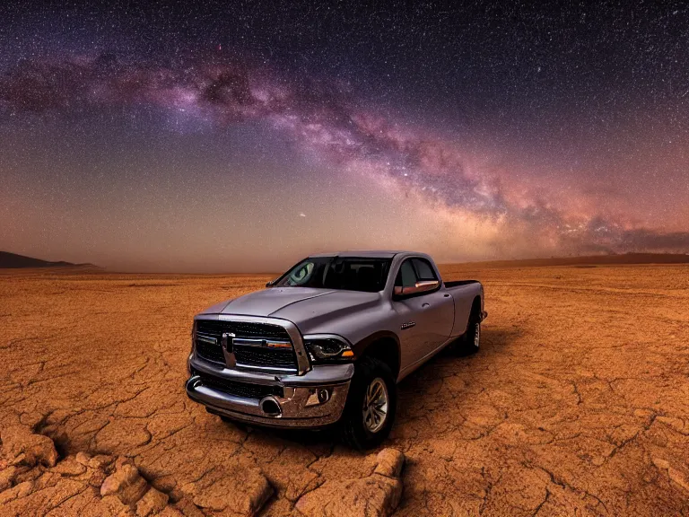 Image similar to dodge ram red power wagon overlanding on dry lake night, long exposure, milky way, award winning, cinematic