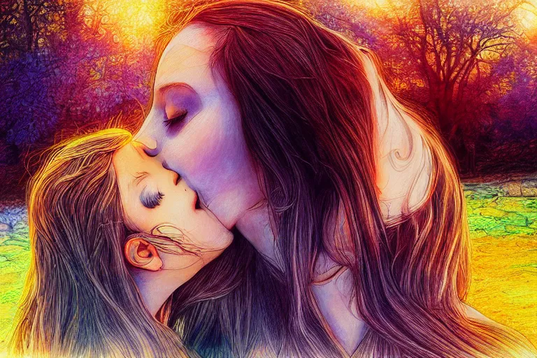 Image similar to girl kiss, fantasy, pen painting, ultra realistic!!!, hdr, clear weather, golden hour, sharp focus