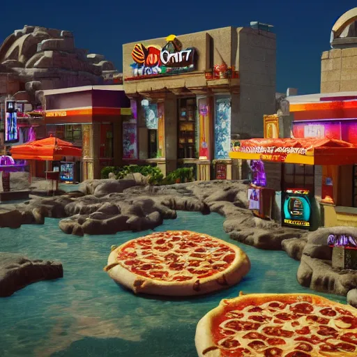 Image similar to the combination Pizza Hut and Taco Bell at the centre of the lost city of Atlantis, fantasy art, hyperrealistic, volumetric lighting, 8K octane render, popular on artstation