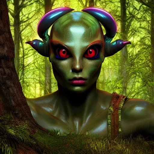 Prompt: A hyper real comic book style portait painting of a beautiful alien creature in the woods, unreal 5, hyperrealistic, octane render, cosplay, RPG portrait, dynamic lighting