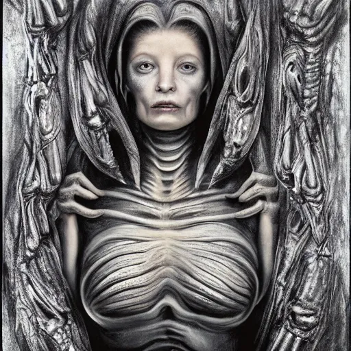 Prompt: of a matte painting of females with transparent skin holding a alien, matte painting, black and white, by hr giger , aliens, giger