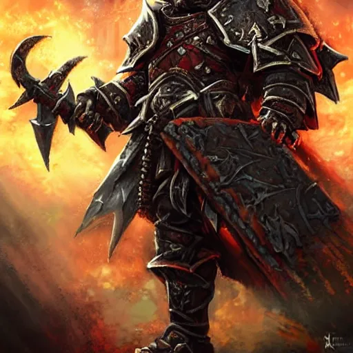 Image similar to chaos warrior with heavy armor and sword, heavy knight helmet, dark sword in hand, war theme, bloodbath battlefield, fiery battle coloring, hearthstone art style, epic fantasy style art, fantasy epic digital art, epic fantasy card game art