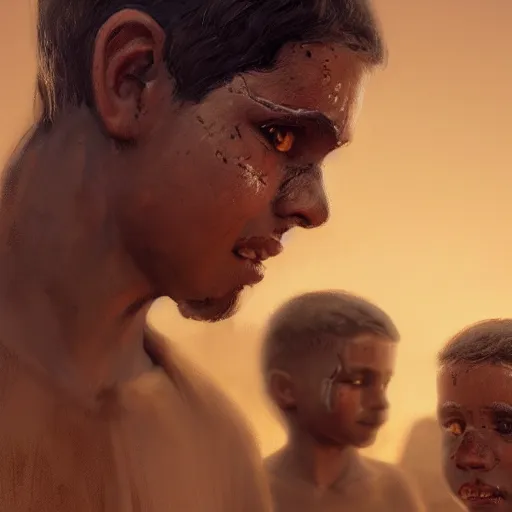 Image similar to portrait, 5 year old male twins in ancient Canaanite clothing looking at each other suspiciously, dramatic lighting, cinematic, establishing shot, high detail, photo realistic, cinematic lighting, post processed, concept art, artstation, matte painting, style by eddie mendoza, raphael lacoste, alex ross