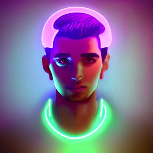 Prompt: social network avatar of young male with dark hair, neon lighting, hyperrealistic, trending on Artstation