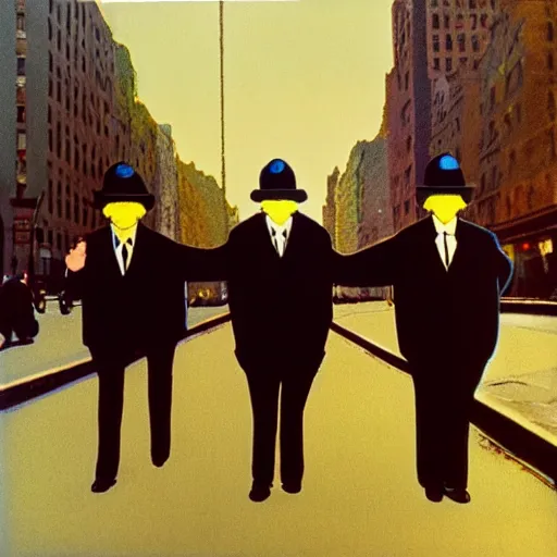 Prompt: wide-shot low-angle photo of empty!!! animated clothes (((heads))) walking down the street in New York, polaroid photo, by Andy Warhol, by Rene Magritte