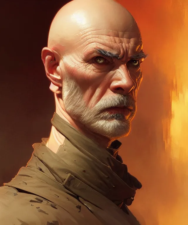 Image similar to a very angry bald general, portrait, intricate, elegant, highly detailed, digital painting, artstation, concept art, smooth, sharp focus, illustration, art by artgerm and greg rutkowski and alphonse mucha