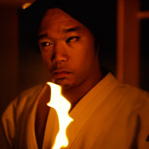 Image similar to cinematic film still of rapper JID starring as a Japanese Sensei with fire, Japanese CGI, VFX, 2003, 40mm lens, shallow depth of field, film photography