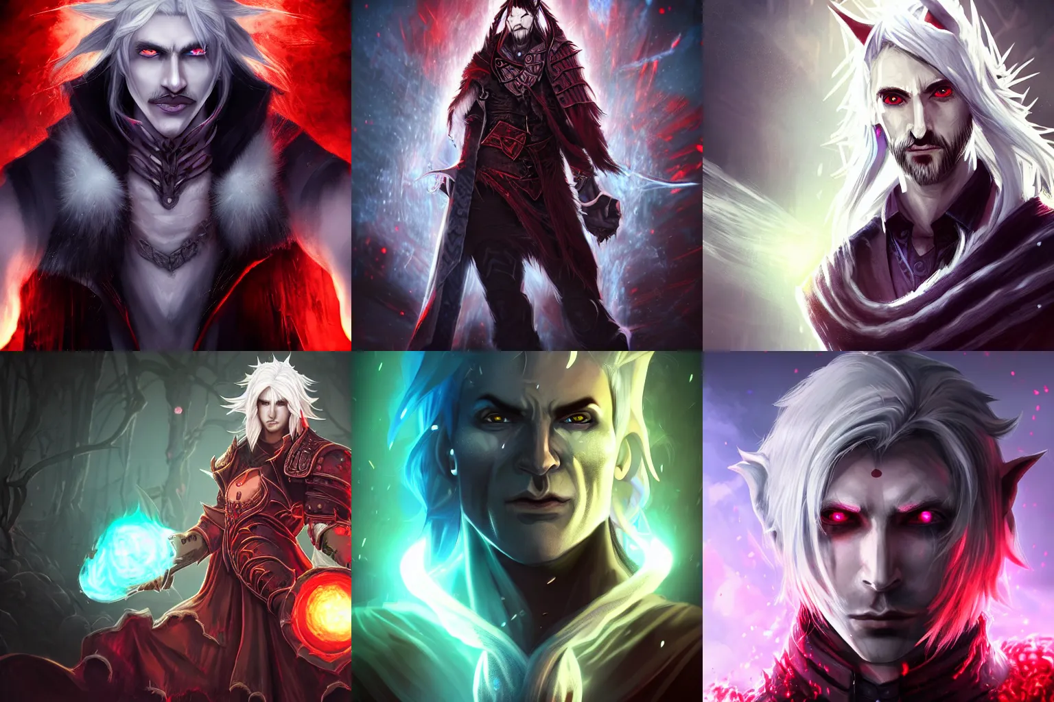 Prompt: a necromancer, symmetrical male face game portrait, long white hair, spiky elf ears, ultra HD, ambient light background with particles, rim light on character, toned colours, red clothes, light skin, league of legends style, dark souls mood, Super detailed