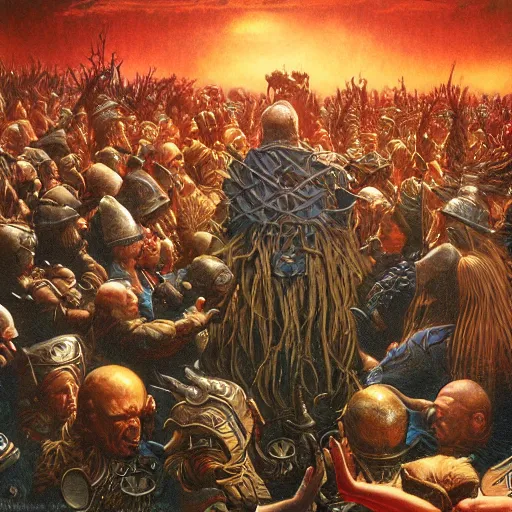 Image similar to evil orator listened by crowd by Michael Whelan by Jeff Easley photorealistic, cinematic, fantastic reality, detailed, intricate dramatic lighting, establishing shot, 8k resolution – W 1024