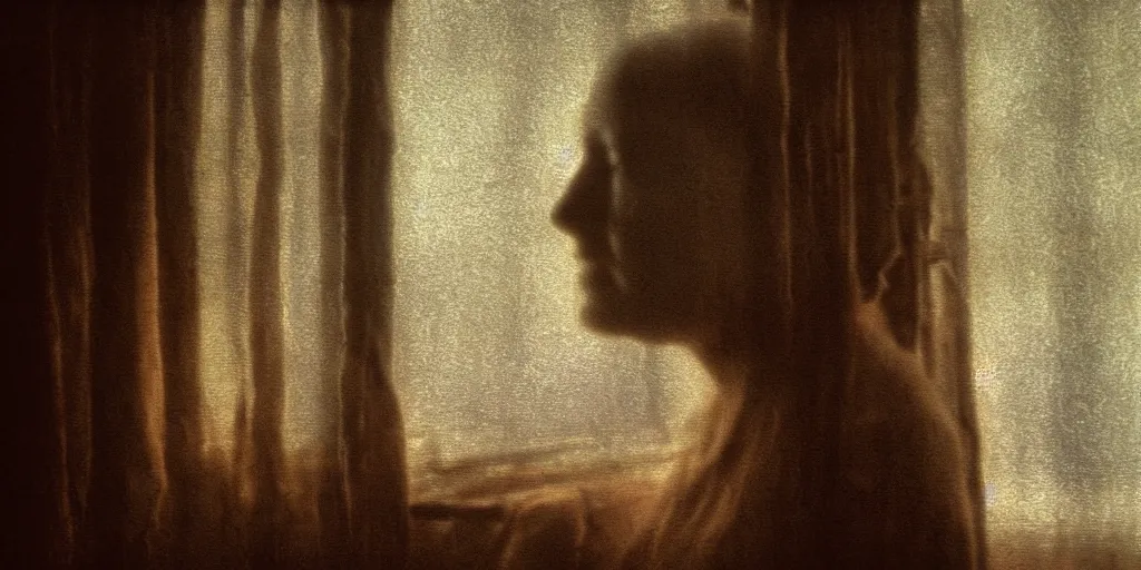 Image similar to portrait bust of a mother, tired expression, faded color film, russian cinema, tarkovsky, kodachrome, inside old cabin, next to window, heavy forest outside, long brown hair, old clothing, heavy fog, brown color palette, hudson river school, 4 k, dramatic lighting, greg rutkowski