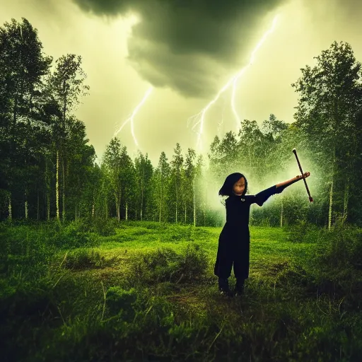 Prompt: young girl playing flute, birch forest clearing, storm at night, lightning dragons attack, low angle facing sky, cinematic, dramatic lighting, big storm clouds, high contrast