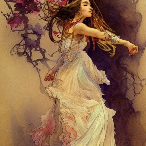 Prompt: a beautifull intricate watercolour painting of a dancing balerinas in ateliere, reflexions, verry high details by william turner art, greg rutkowski and alphonse mucha, trending on artstation, very very detailed, masterpiece,