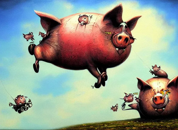 Image similar to detailed oil painting of flying pigs by marc simonette and alexander jansson, concept art
